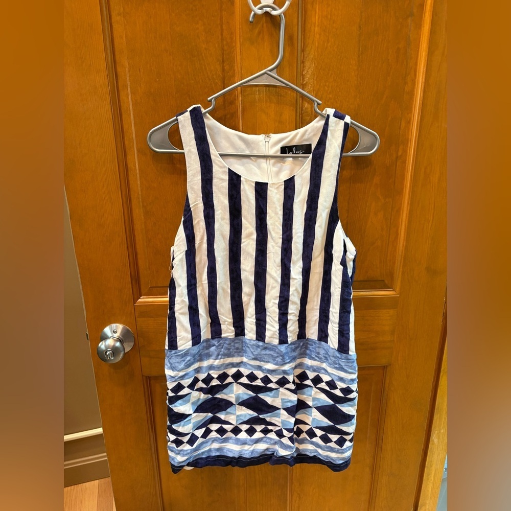 Lulus Women’s Multitask-Queen Ivory And Blue Print Shift Dress Size Medium - Picture 8 of 15